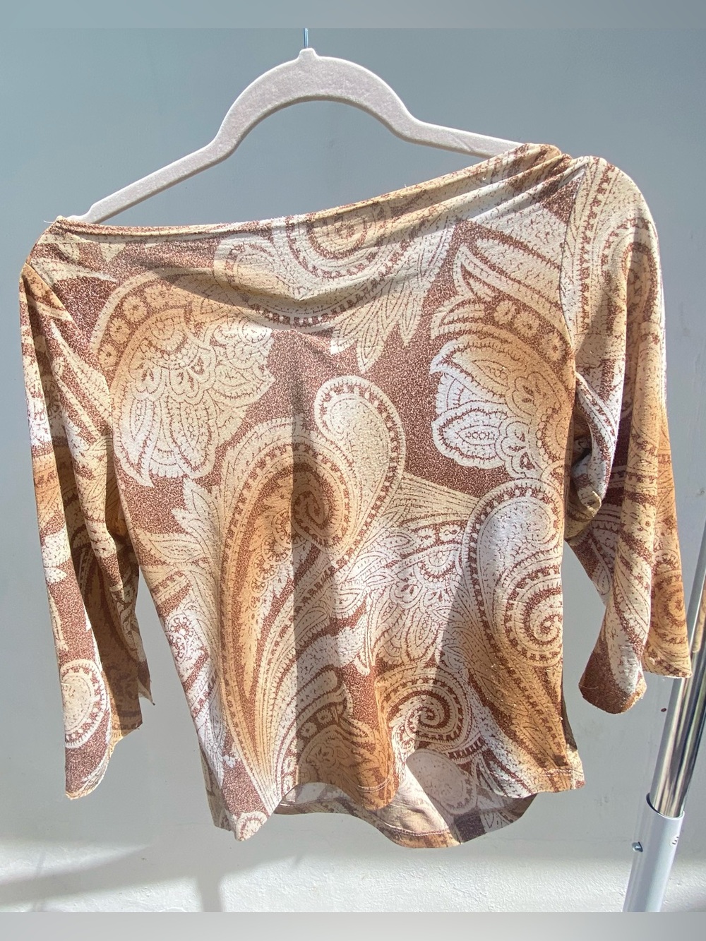 Y2K Tan & Cream Paisley Draped Boat Neck Top Size Medium - Picture 4 of 4
